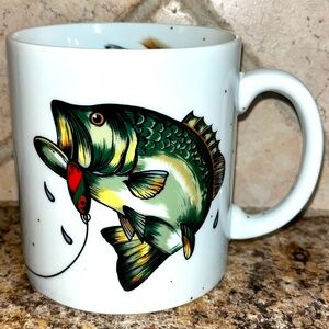 Dept. 56 unique “Lake” fishing reel, fish and lure, coffee mug.  (0nly 1)